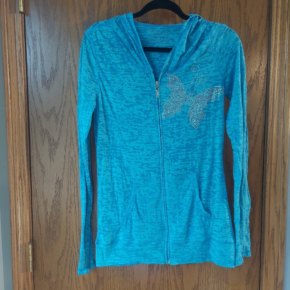 Blue Women's Zip-Up Hoodie with Butterfly Design XL Sweet Girl Bling Vintage Y2K